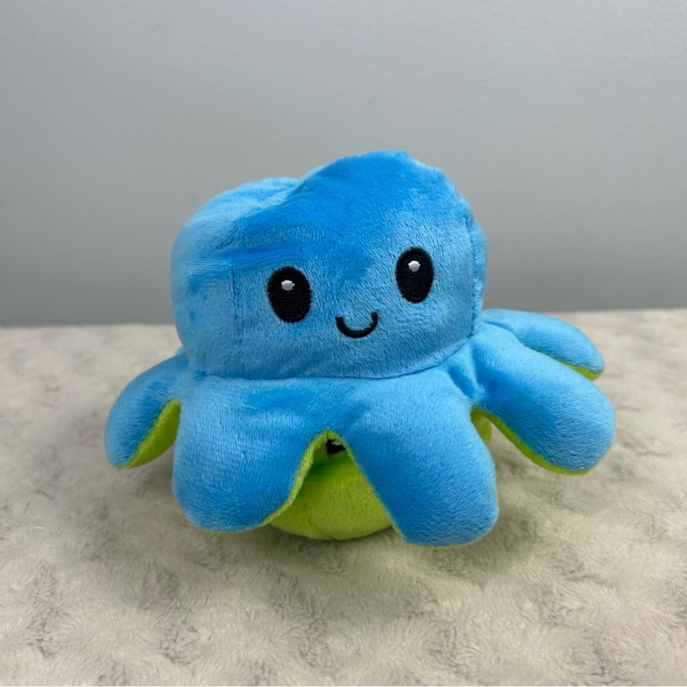 Blue Green Happy Mad Octopus Plush Stuffed Animal Toy Reversible Angry Smiling